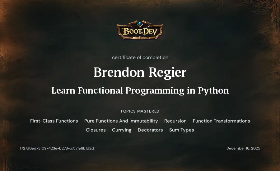 Brendon Regier's Boot.dev Learn Functional Programming in Python certificate