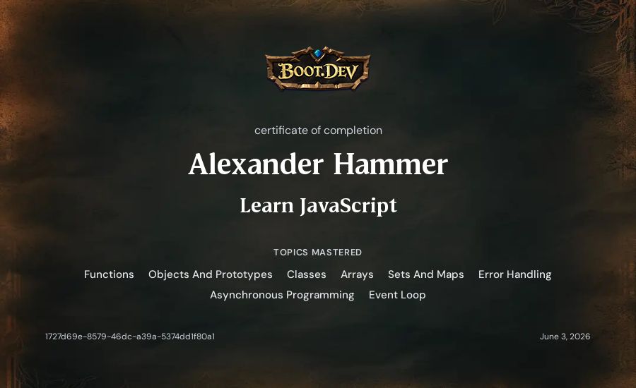 Alexander Hammer's Boot.dev Learn JavaScript certificate