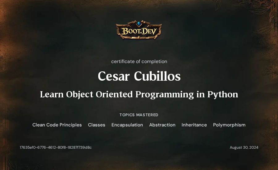 Cesar Cubillos's Boot.dev Learn Object Oriented Programming in Python certificate