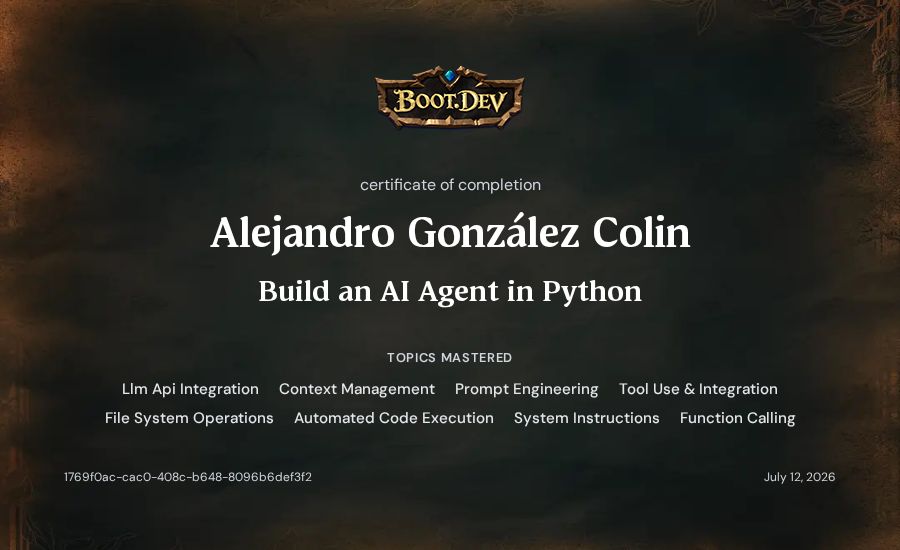 Alejandro González Colin's Boot.dev Build an AI Agent in Python certificate