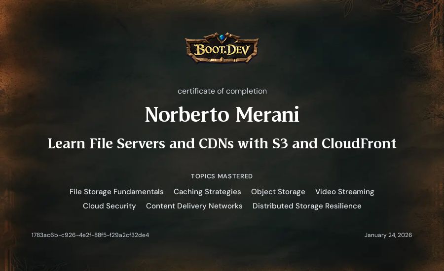 Norberto Merani's Boot.dev Learn File Servers and CDNs with S3 and CloudFront certificate