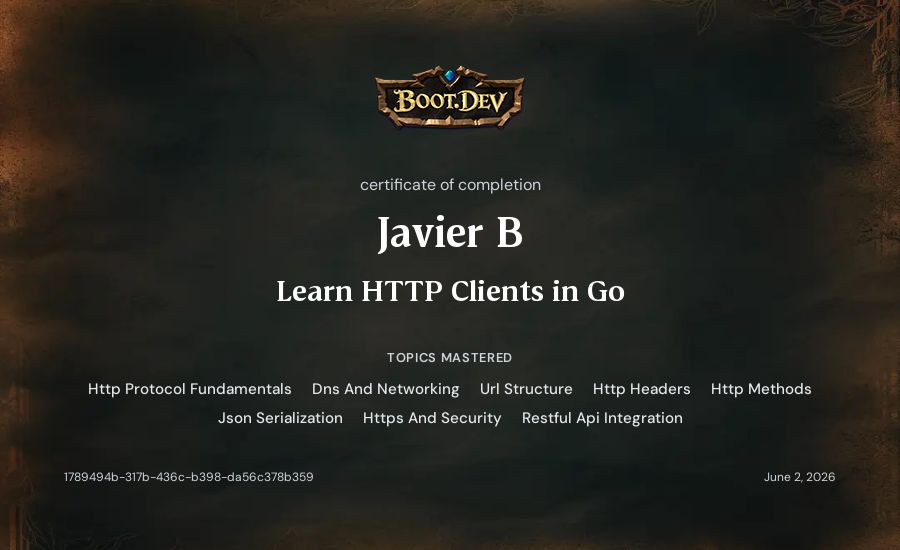Javier B's Boot.dev Learn HTTP Clients in Go certificate