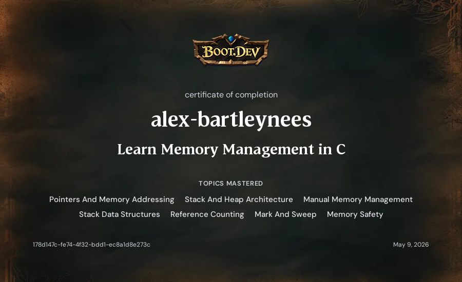 alex-bartleynees's Boot.dev Learn Memory Management in C certificate