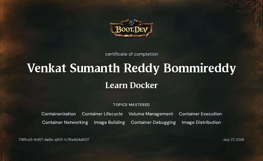 Venkat Sumanth Reddy Bommireddy's Boot.dev Learn Docker certificate