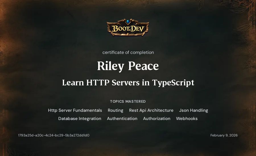 Riley Peace's Boot.dev Learn HTTP Servers in TypeScript certificate