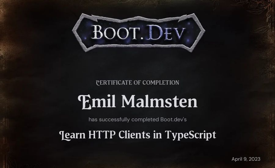 Emil Malmsten's Boot.dev Learn HTTP Clients in TypeScript certificate