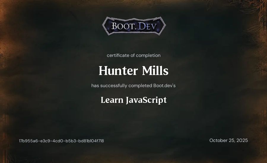 Hunter Mills's Boot.dev Learn JavaScript certificate