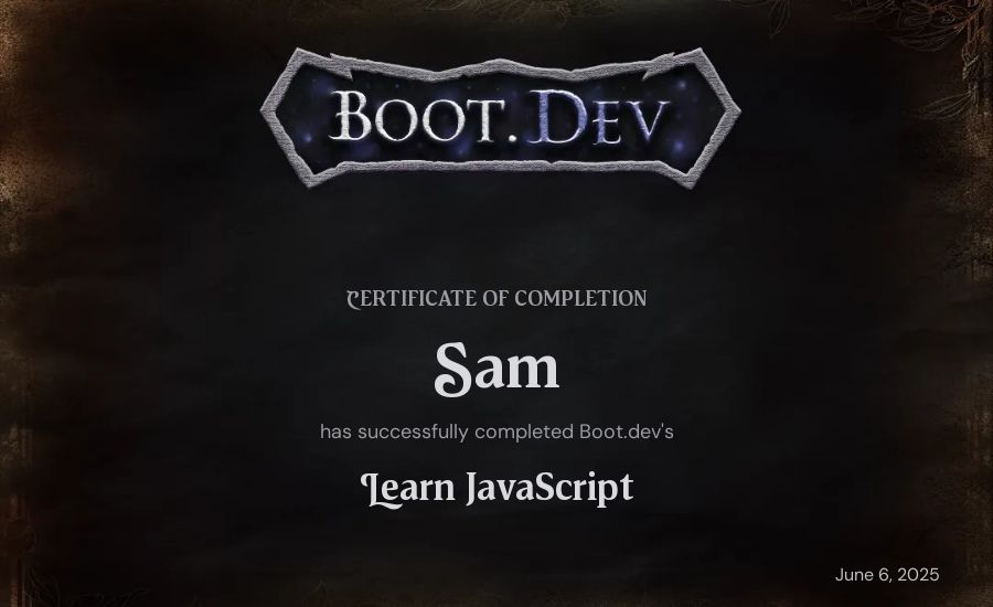 Sam's Boot.dev Learn JavaScript certificate