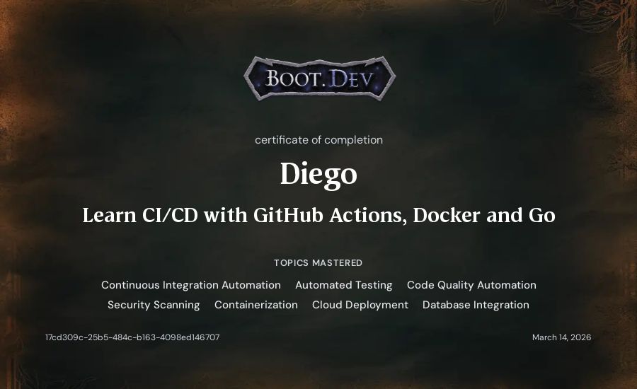 Diego's Boot.dev Learn CI/CD with GitHub Actions, Docker and Go certificate