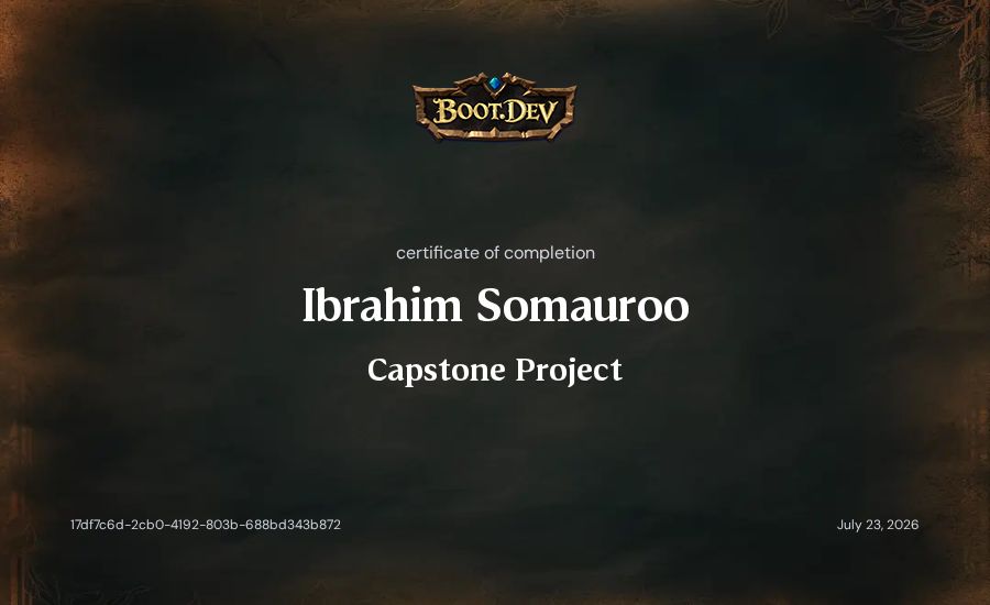 Ibrahim Somauroo's Boot.dev Capstone Project certificate