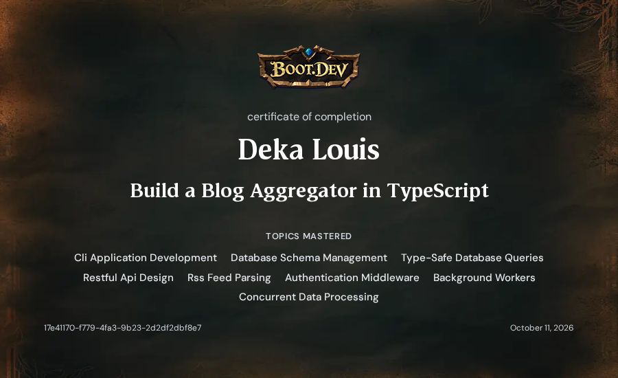 Deka Louis's Boot.dev Build a Blog Aggregator in TypeScript certificate