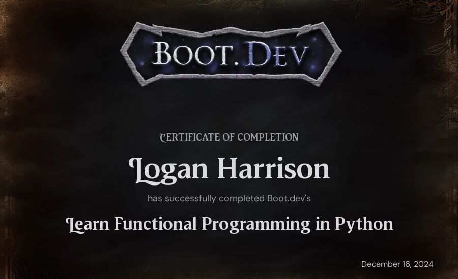 Logan Harrison's Boot.dev Learn Functional Programming in Python certificate