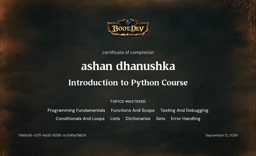 ashan dhanushka's Boot.dev Introduction to Python Course certificate