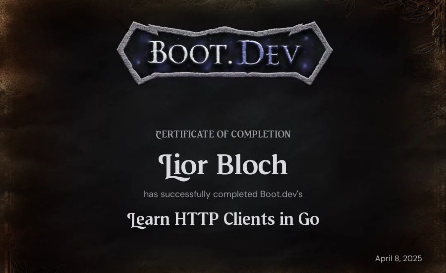 Lior Bloch's Boot.dev Learn HTTP Clients in Go certificate