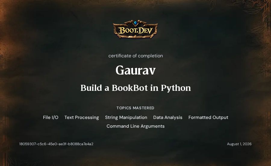 Gaurav's Boot.dev Build a BookBot in Python certificate