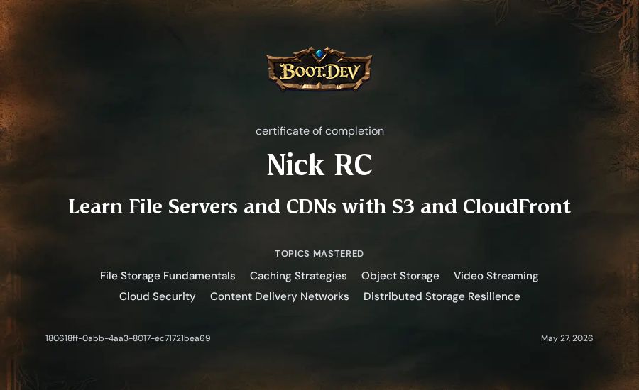 Nick RC's Boot.dev Learn File Servers and CDNs with S3 and CloudFront certificate