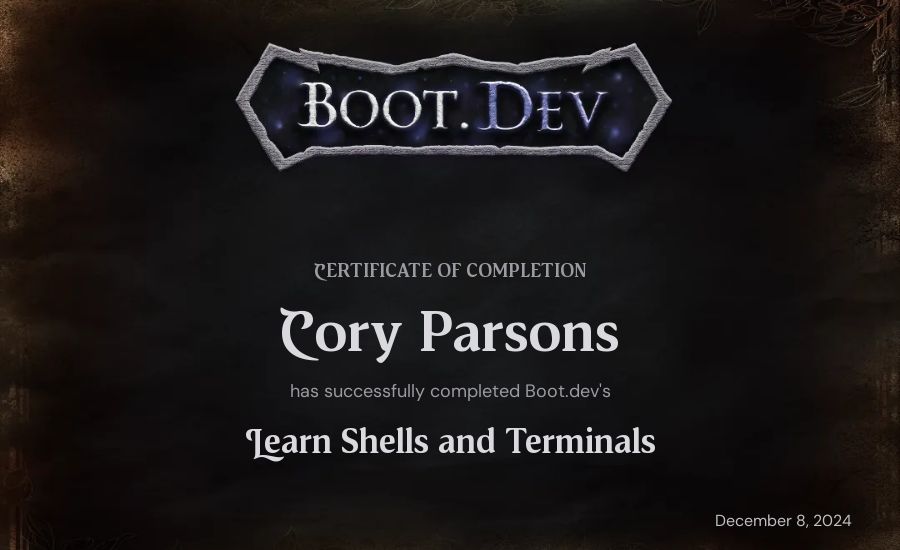Cory Parsons's Boot.dev Learn Linux certificate