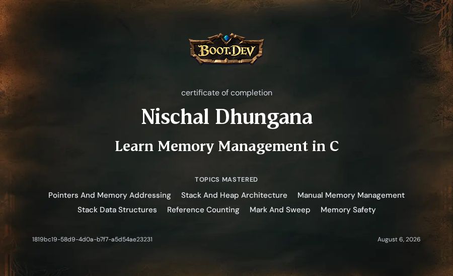 Nischal Dhungana's Boot.dev Learn Memory Management in C certificate