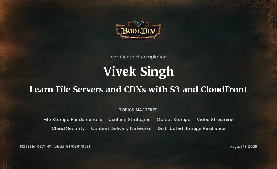 Vivek Singh's Boot.dev Learn File Servers and CDNs with S3 and CloudFront certificate