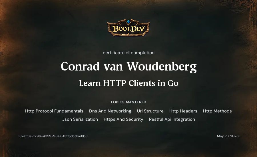 Conrad van Woudenberg's Boot.dev Learn HTTP Clients in Go certificate