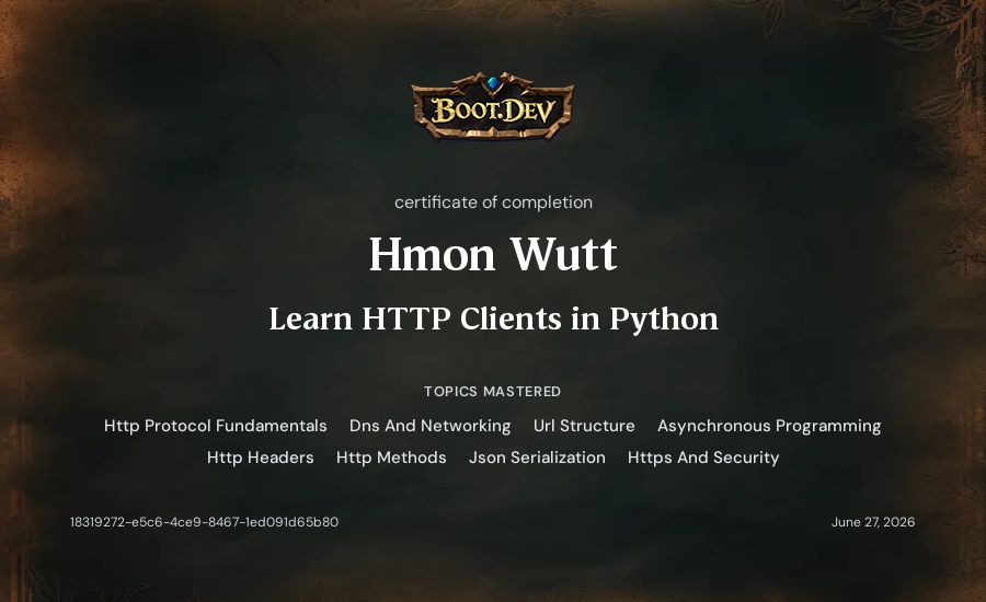 Hmon Wutt's Boot.dev Learn HTTP Clients in Python certificate