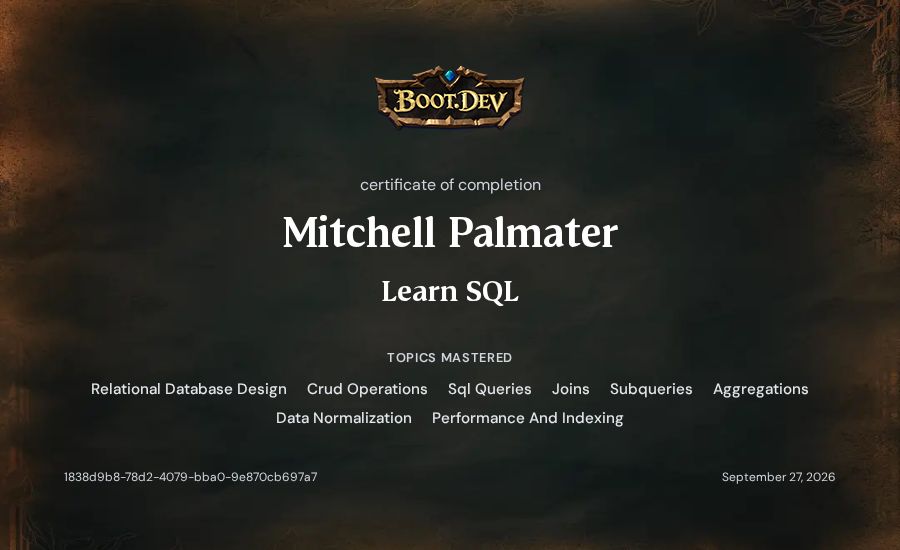 Mitchell Palmater's Boot.dev Learn SQL certificate
