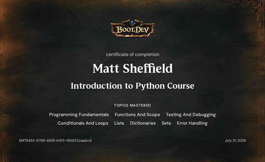 Matt Sheffield's Boot.dev Introduction to Python Course certificate
