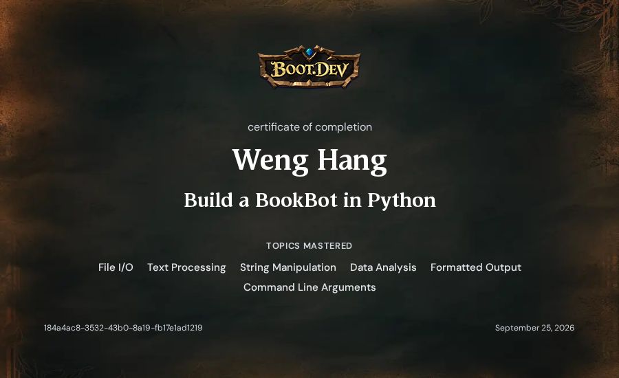 Weng Hang's Boot.dev Build a BookBot in Python certificate