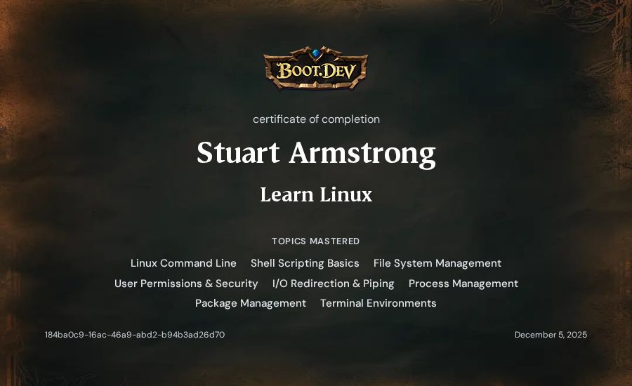 Stuart Armstrong's Boot.dev Learn Linux certificate