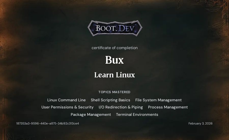Bux's Boot.dev Learn Linux certificate