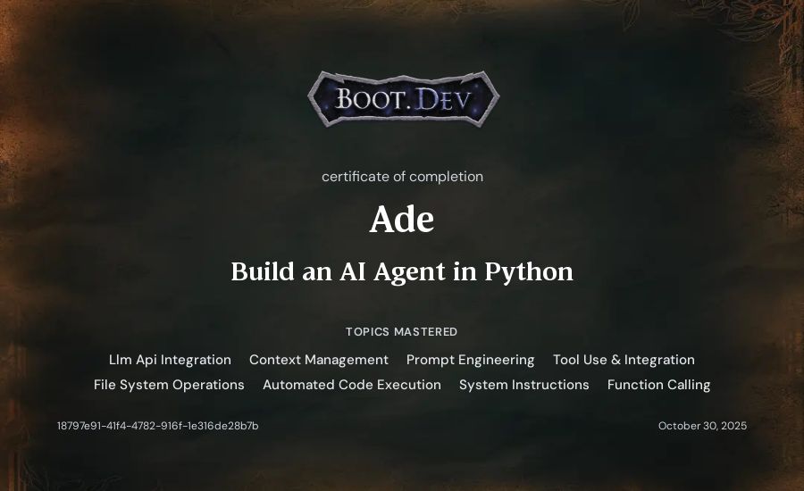 Ade's Boot.dev Build an AI Agent in Python certificate