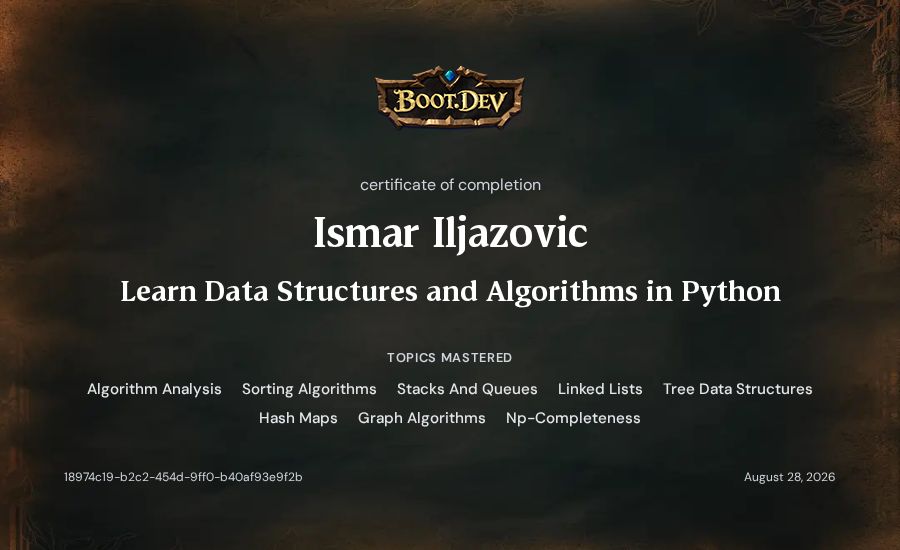 Ismar Iljazovic's Boot.dev Learn Data Structures and Algorithms in Python certificate