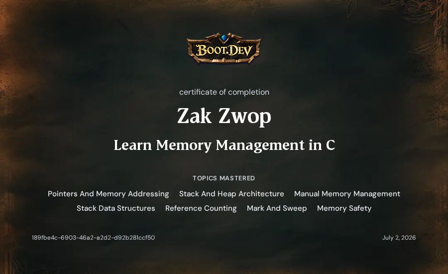 Zak Zwop's Boot.dev Learn Memory Management in C certificate