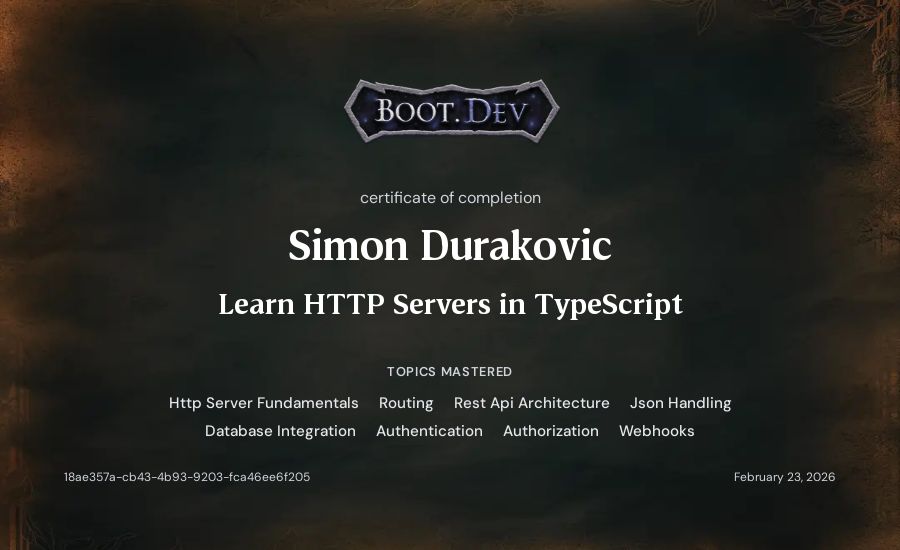 Simon's Boot.dev Learn HTTP Servers in TypeScript certificate
