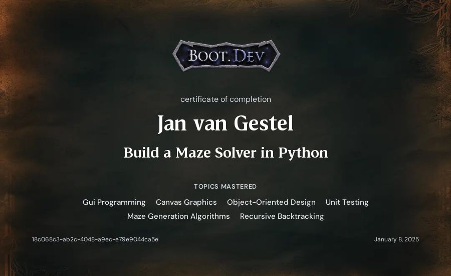 Jan van Gestel's Boot.dev Build a Maze Solver in Python certificate