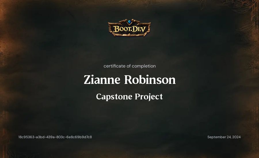 Zianne Robinson's Boot.dev Capstone Project certificate