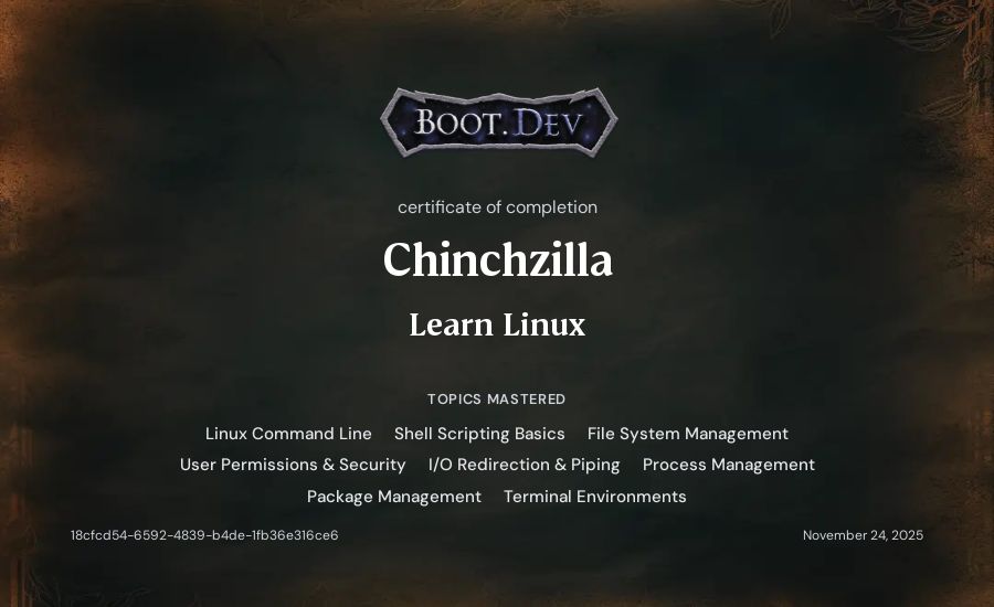 Chinchzilla's Boot.dev Learn Linux certificate