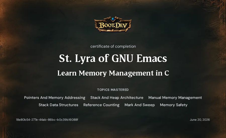 St. Lyra of GNU Emacs's Boot.dev Learn Memory Management in C certificate