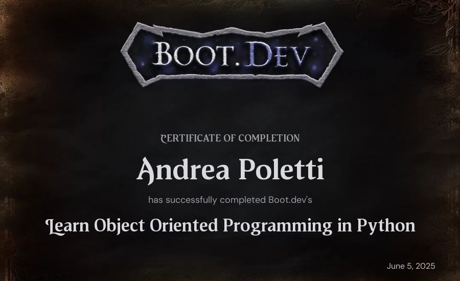 Andrea Poletti's Boot.dev Learn Object Oriented Programming in Python certificate