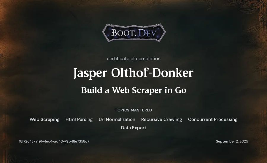 Jasper Olthof-Donker's Boot.dev Build a Web Scraper in Go certificate