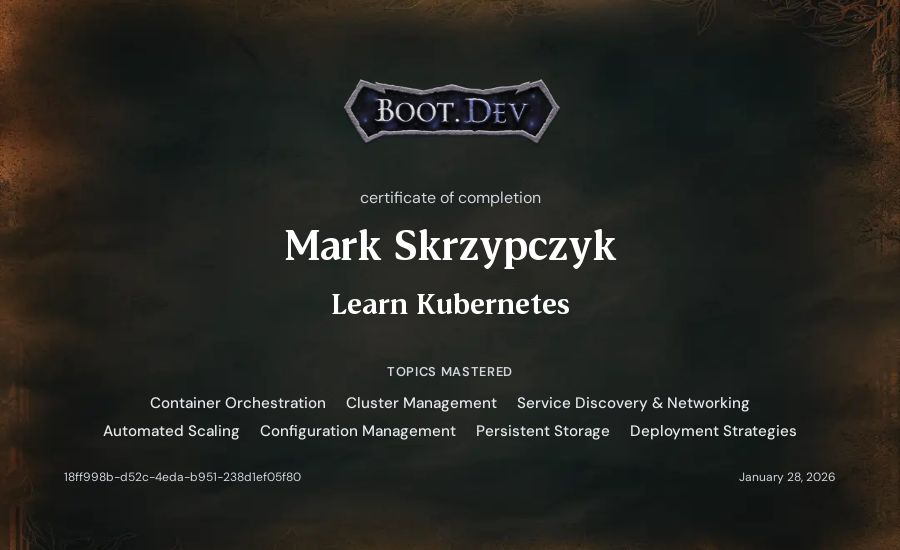 Mark Skrzypczyk's Boot.dev Learn Kubernetes certificate