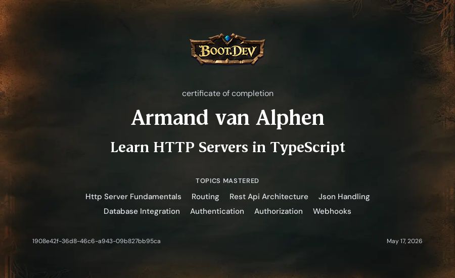 Armand van Alphen's Boot.dev Learn HTTP Servers in TypeScript certificate