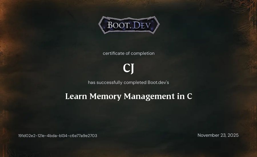 CJ's Boot.dev Learn Memory Management in C certificate