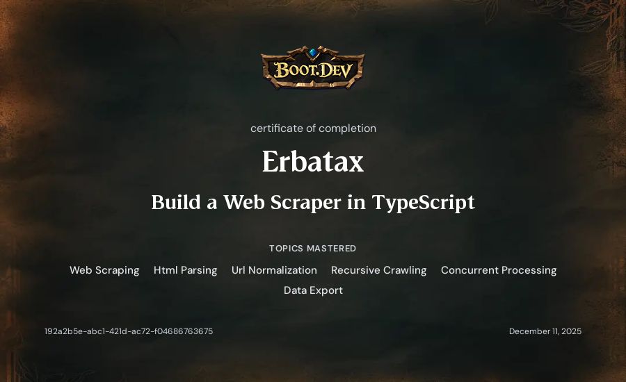 Erbatax's Boot.dev Build a Web Scraper in TypeScript certificate