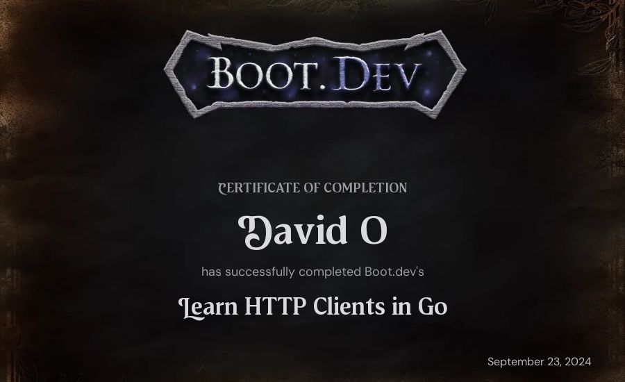 David O's Boot.dev Learn HTTP Clients in Go certificate