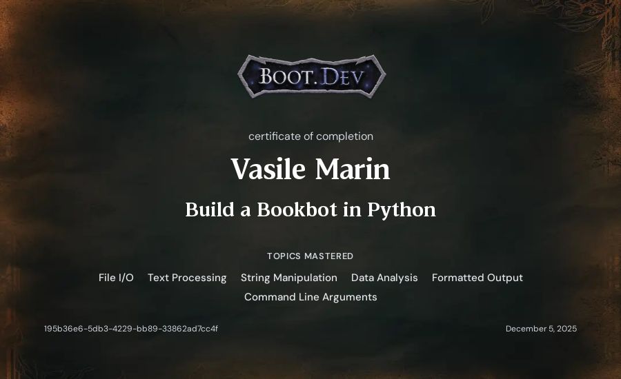 Vasile Marin's Boot.dev Build a BookBot in Python certificate