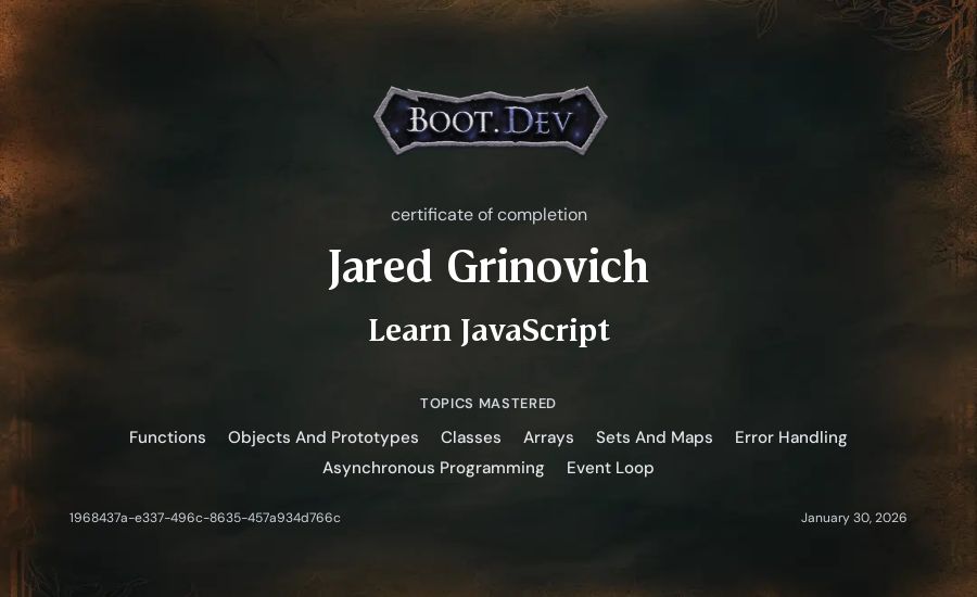 Jared Grinovich's Boot.dev Learn JavaScript certificate
