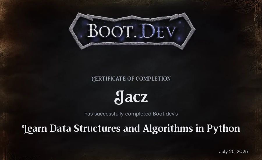 Jacz's Boot.dev Learn Data Structures and Algorithms in Python certificate