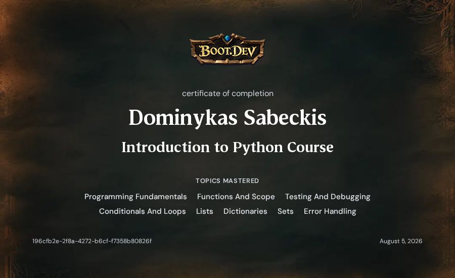 Dominykas Sabeckis's Boot.dev Introduction to Python Course certificate