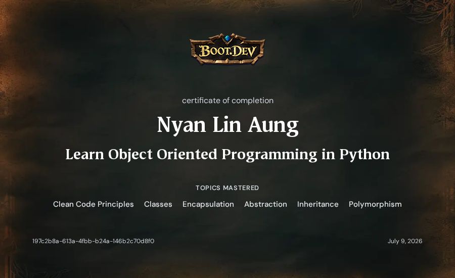 Nyan Lin Aung's Boot.dev Learn Object Oriented Programming in Python certificate